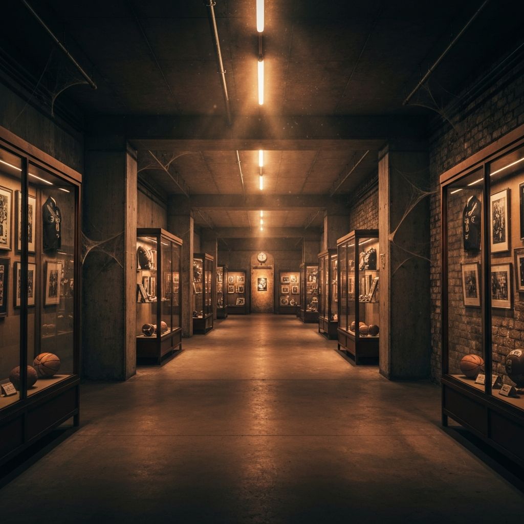 Dark vault corridor with vintage sports memorabilia